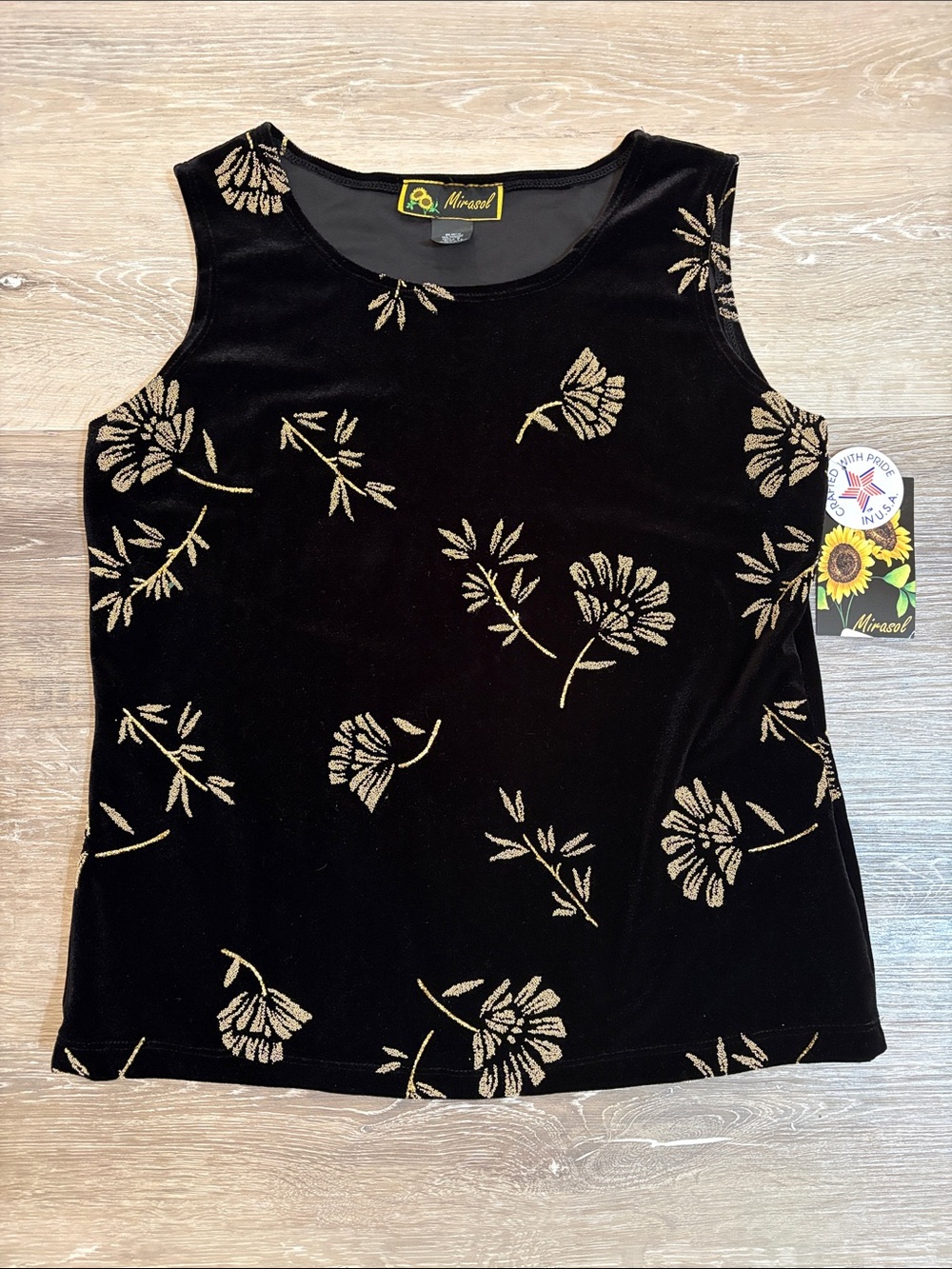 NWT Mirasol Black Velvet Sleeveless Top w Shimmery Gold Floral Embroidery/Beads